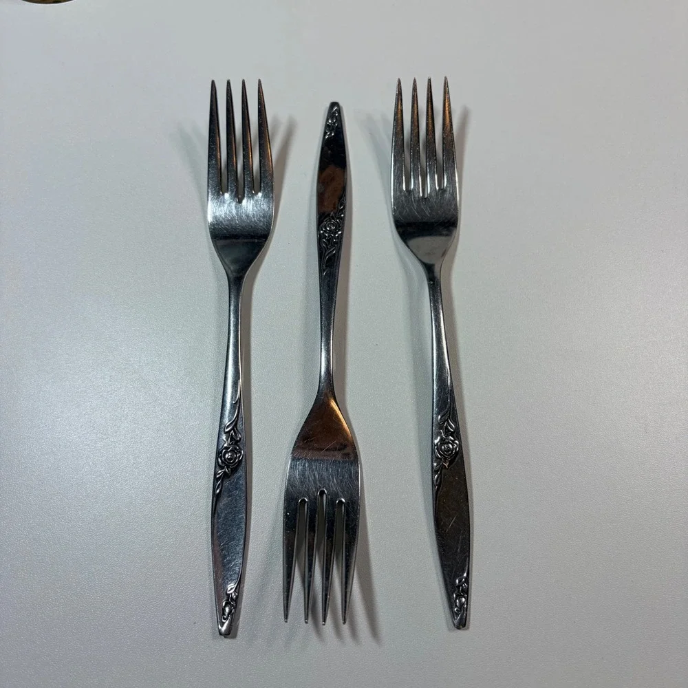 West Bend Stainless USA Rose Pattern Salad Fork Set of 3 Vintage Floral Flatware
